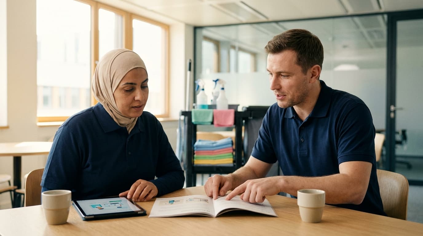 Twee schoonmaakmedewerkers bekijken samen een vaktechnisch trainingsboekje en tablet tijdens een korte pauze — uitleg in begrijpelijke taal