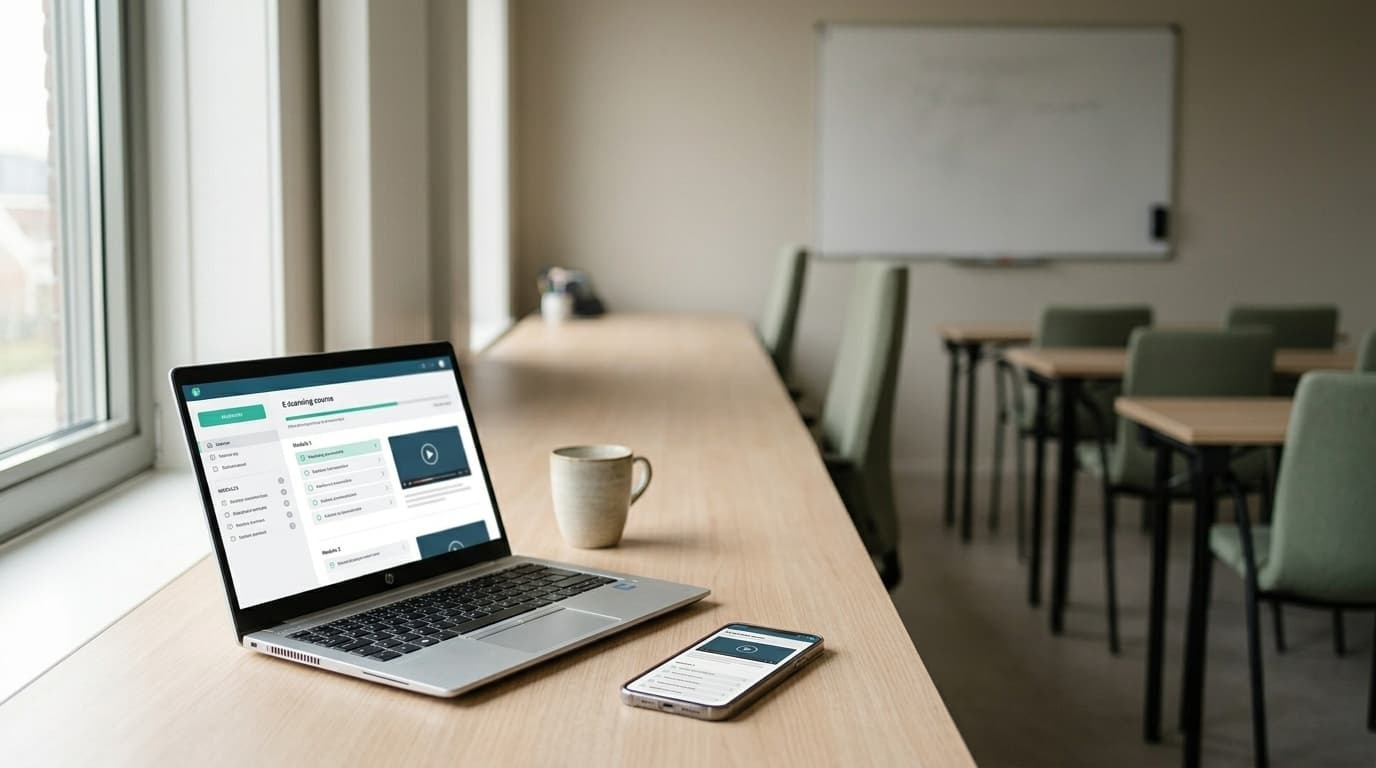 Klassikaal leslokaal naast online leren op laptop, vergelijking van opleidingsvormen in de schoonmaak