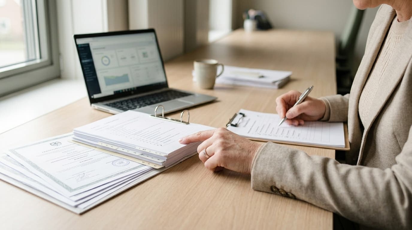 Auditor controleert opleidingsdossiers met checklist tijdens een Keurmerk Schoon-inspectie