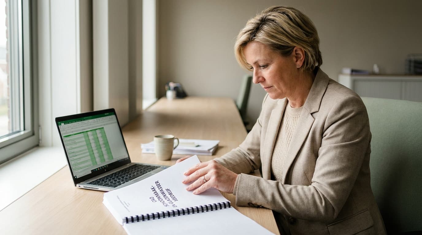 HR-manager bestudeert CAO-tekst en opleidingsbudget voor schoonmaakbedrijf — compliance met de opleidingsverplichting