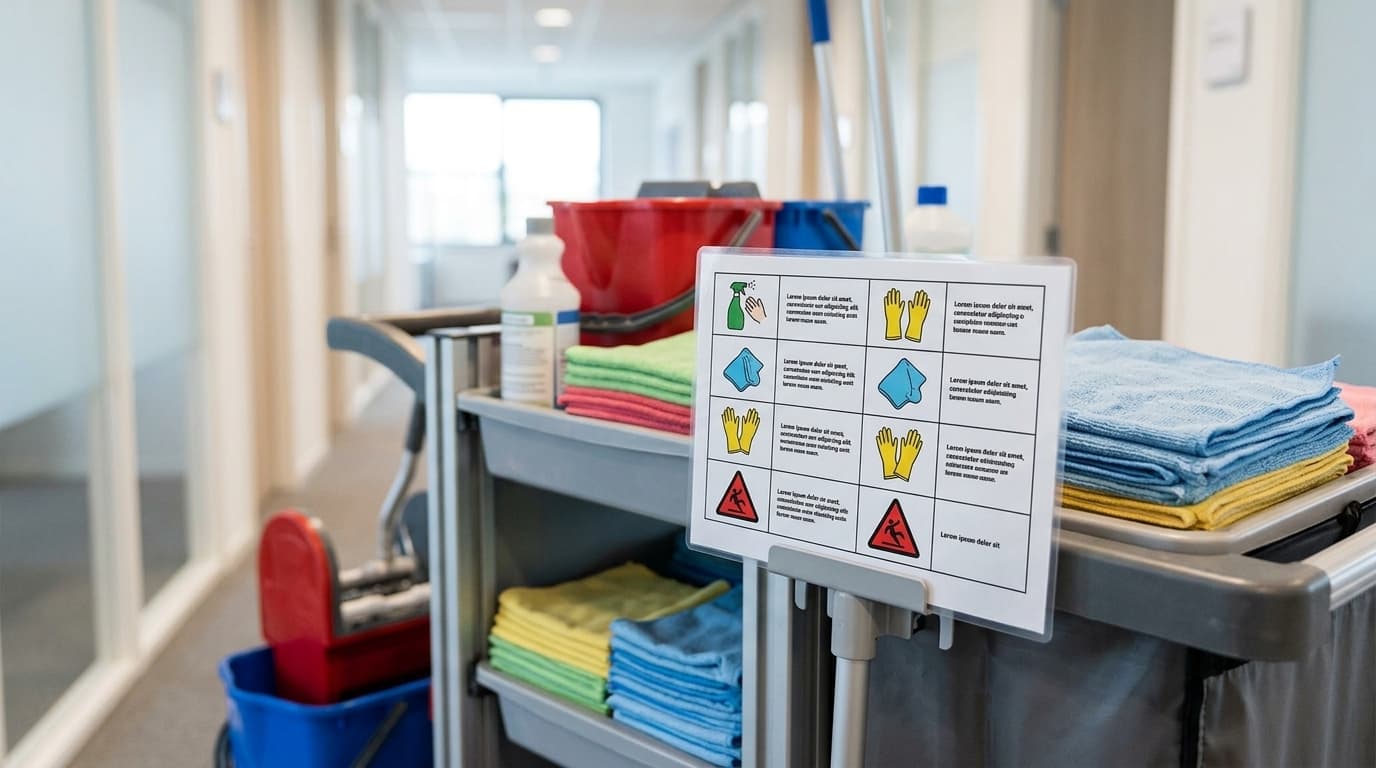 Meertalige instructiekaart met pictogrammen op een schoonmaakkar